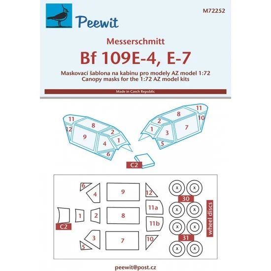 Peewit M72252 1/72 Messerschmitt Bf 109E-4, E-7 Canopy Masks for AZ model