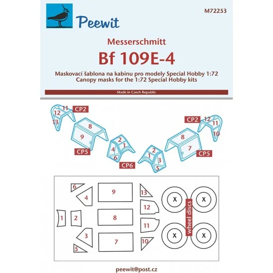 Peewit M72253 1/72 Messerschmitt Bf 109E-4 Canopy Masks for Special Hobby kits