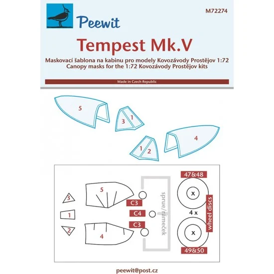 Peewit M72274 1/72 Tempest Mk.V Canopy Masks for Kovozavody Prostejov kits - Model Planes