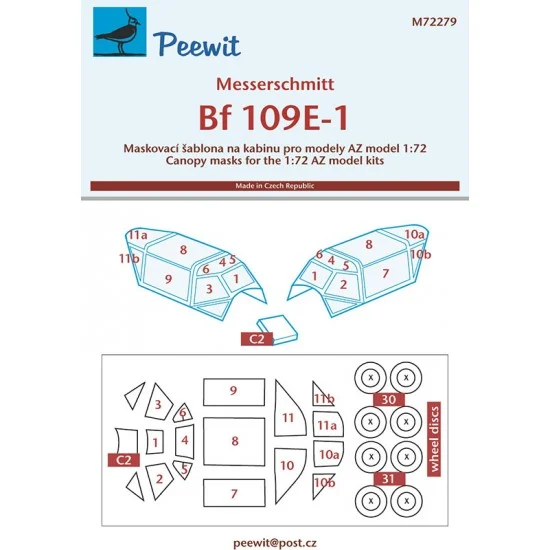 Peewit M72279 1/72 Messerschmitt Bf 109E-1 Canopy Masks for AZ model