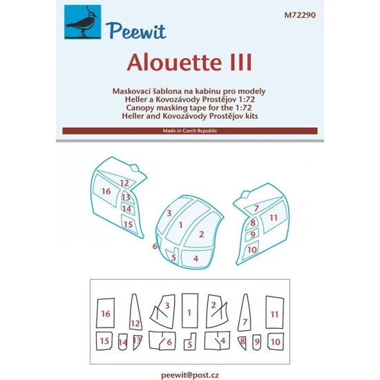 Peewit M72290 1/72 Alouette III Canopy Masks for Heller/Kovozavody Prostejov kits - Model Planes