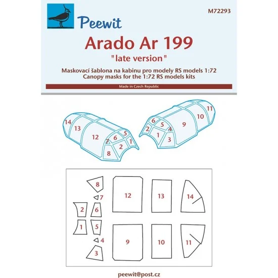 Peewit M72293 1/72 Arado Ar 199 ''late version'' Canopy Masks for RS kits - Model Planes