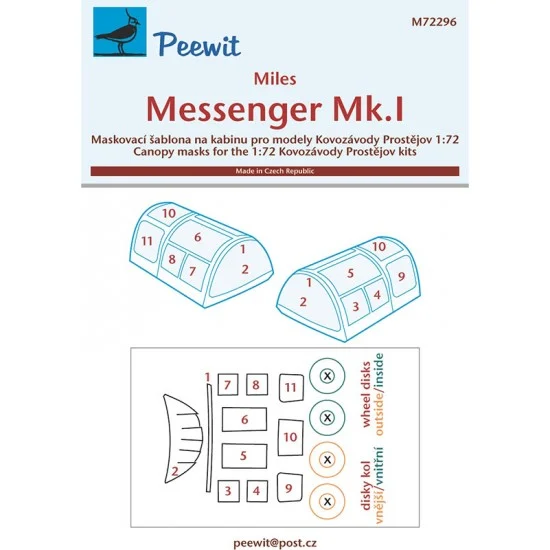 Peewit M72296 1/72 Miles Messenger Mk.I Canopy Masks for Kovozavody Prostejov kits - Model Planes
