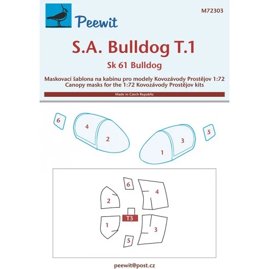 Peewit M72303 1/72 S.A.Bulldog T.1 / Sk 61 Bulldog Canopy Masks for Kovozavody Prostejov kits - Model Planes
