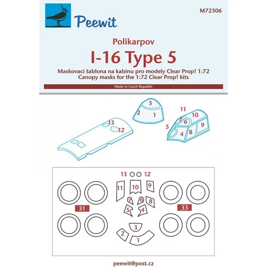 Peewit M72306 1/72 Polikarpov I-16 type 5 Canopy Masks for Clear Prop kits