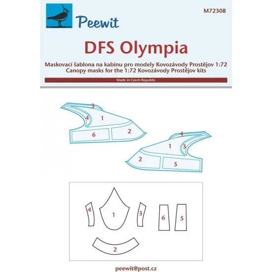 Peewit M72308 1/72 DFS Olympia Canopy Masks for Kovozavody Prostejov kits - Model Planes
