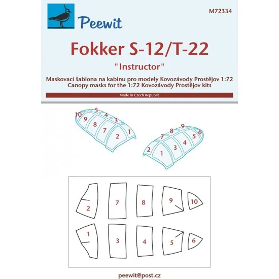 Peewit M72334 1/72 Fokker S-12/T-22 Instructor Canopy Masks for Kovozavody Prostejov kits