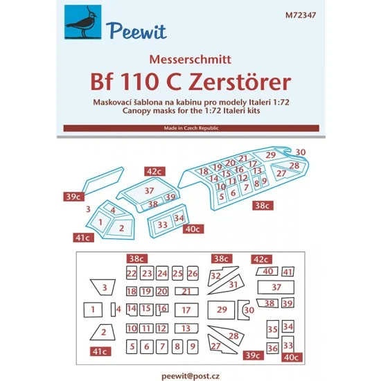 Peewit M72347 1/72 Messerschmitt Bf 110 C Zerstorer Canopy Masks for Italeri/ Bilek kits - Model Planes