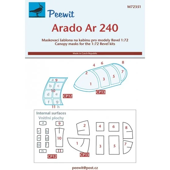 Peewit M72351 1/72 Arado Ar 240 Canopy Masks for Revell kits - Model Planes