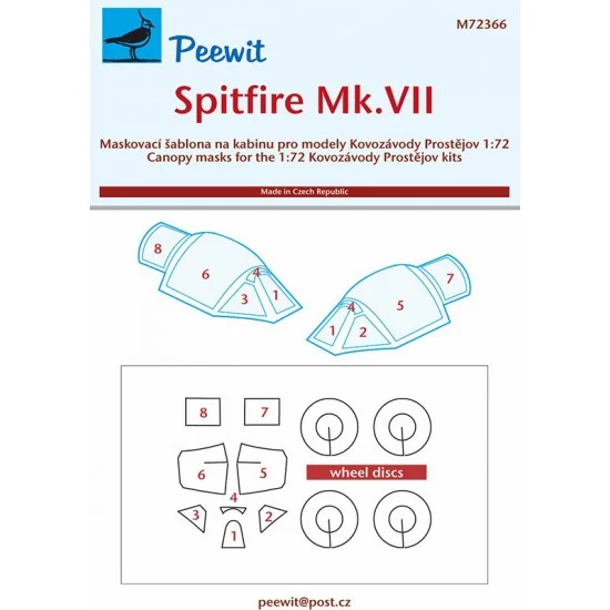 Peewit M72366 1/72 Spitfire Mk.VII Canopy Masks for Kovozavody Prostejov kits - Model Planes