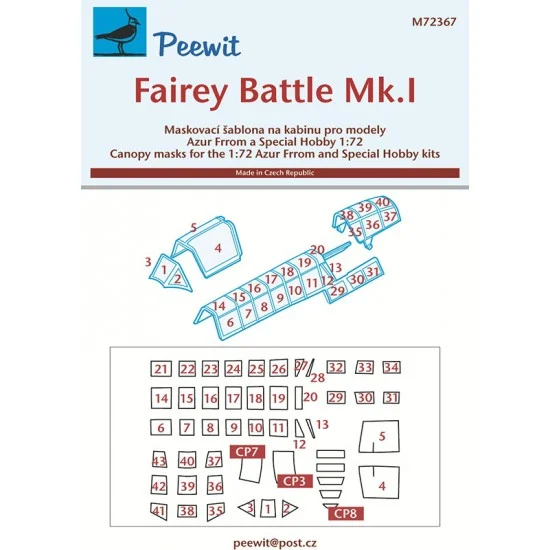 Peewit M72367 1/72 Fairey Battle Mk.I Canopy Masks for Azur Frrom/Special Hobby kits - Model Planes