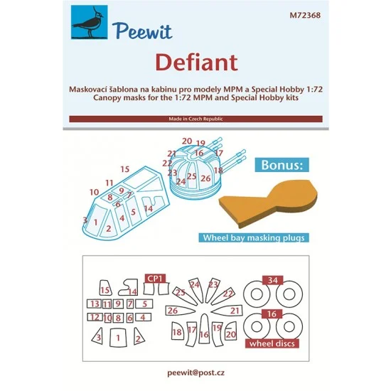Peewit M72368 1/72 Defiant Canopy Masks for MPM/Special Hobby kits - Model Planes