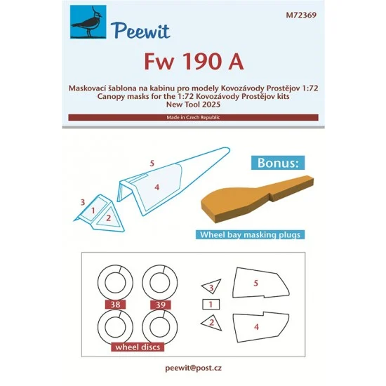 Peewit M72369 1/72 Fw 190 A Canopy Masks for Kovozavody Prostejov kits - Model Planes