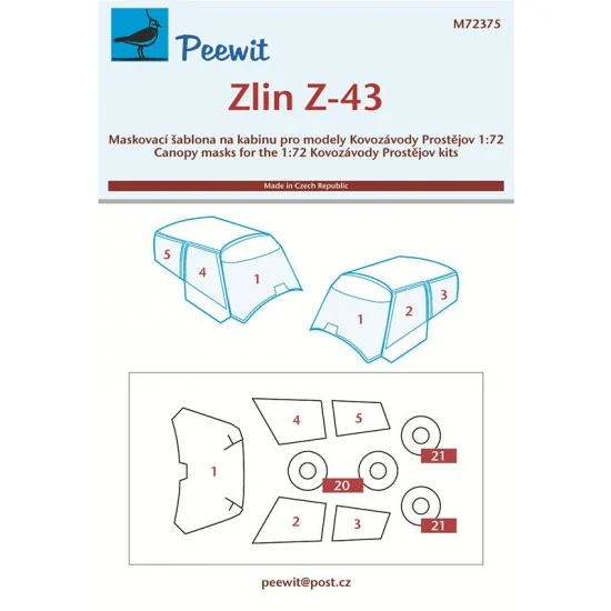 Peewit M72375 1/72 Zlin Z-43 Canopy Masks for Kovozavody Prostejov kits