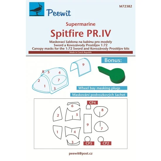 Peewit M72382 1/72 Spitfire PR.IV Canopy Masks for Sword/ Kovozavody Prostejov kits - Model Planes