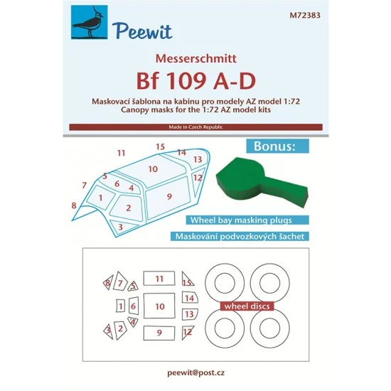 Peewit M72383 1/72 Messerschmitt Bf 109 A-D Canopy Masks for AZ model/ Kovozavody Prostejov