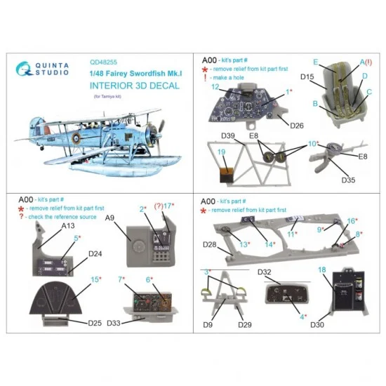 Quinta Studio QD48255 1/48 Swordfish Mk.I 3D-Printed & Coloured Interior on Decal Paper for Tamiya kits