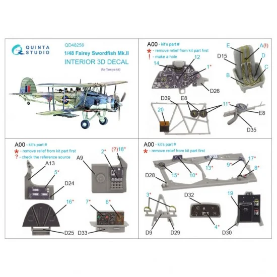 Quinta Studio QD48256 1/48 Swordfish Mk.II 3D-Printed & Coloured Interior on Decal Paper for Tamiya kits