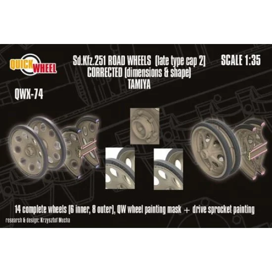 QuickWheel QWX-074 1/35 Sd.Kfz. 251 Road Wheels (late type cap 2) for Tamiya kit