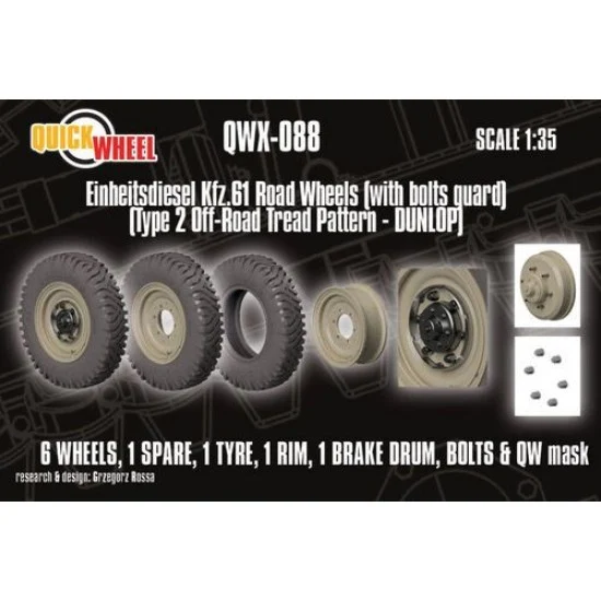 QuickWheel QWX-088 1/35 Einheitsdiesel kfz.61 Wheels with Bolt Guard Type 2 Off-road Tread (Dunlop)