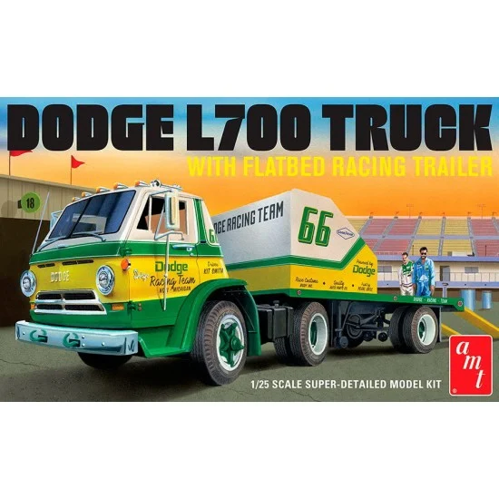 AMT 1368 1/25 1966 Dodge L700 Truck with Flatbed Racing Trailer - Model Cars