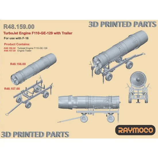 RAYMOCO R48.159.00 1/48 F-16 Turbo Jet Engine F110-GE-129 with Trailer for Tamiya kit