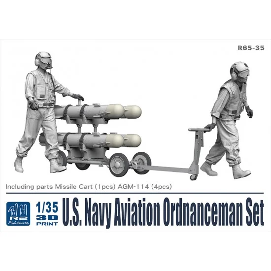 R2 Miniatures R65-35 1/35 USN Aviation Ordnanceman Set with AGM-114 (4pcs) and Missile Cart
