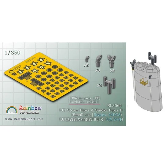 Rainbow Models 3564 1/350 IJN Steam Pipes and Smoke Pipes II (Small Size, 5 Types, 24pcs) - Model Ships & Boats