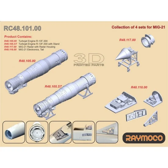 RAYMOCO RC48.101.00 1/48 MiG-21 Detail set: Engine R-13F-300, Radar, Electronics, Tail Hydraulics