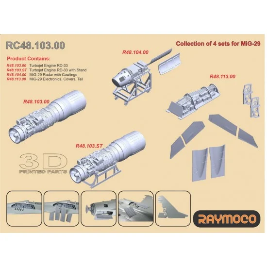 RAYMOCO RC48.103.00 1/48 MiG-29 Detail set: Engine RD-33, Radar with Cowlings, Electronics, Covers, Tail