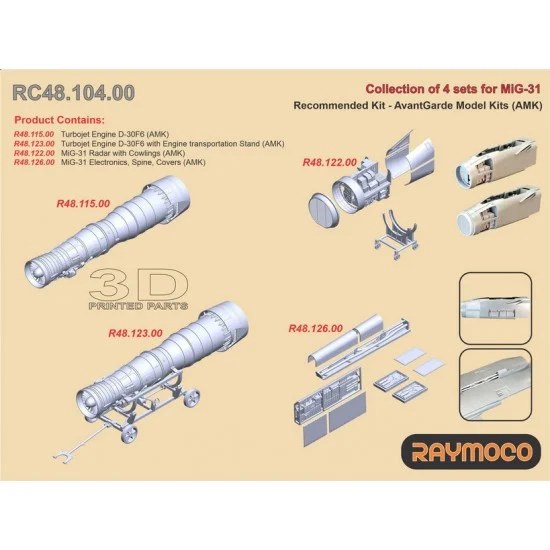 RAYMOCO RC48.104.00 1/48 MiG-31 Detail set: Engine D-30F6, Radar with Cowlings, etc. for AMK kits