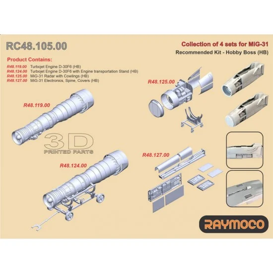 RAYMOCO RC48.105.00 1/48 MiG-31 Detail set: Engine D-30F6, Radar with Cowlings, etc. for Hobby Boss kits
