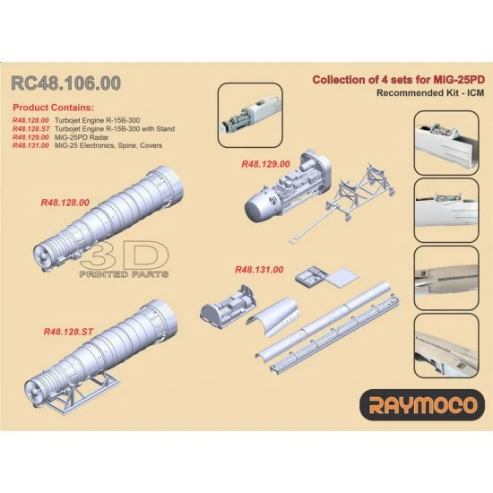 RAYMOCO RC48.106.00 1/48 MiG-25PD Details: Engine R-15B-300, Radar, Electronics, Spine, Covers for ICM kits
