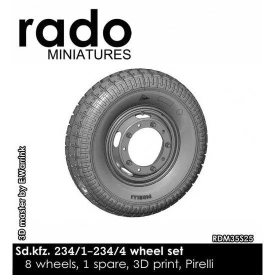 Rado Miniatures 35S25 1/35 SdKfz.234 Wheel set, Pirelli Thread (8 wheels, 1 spare, 3D Print) - Military Vehicles & Tanks