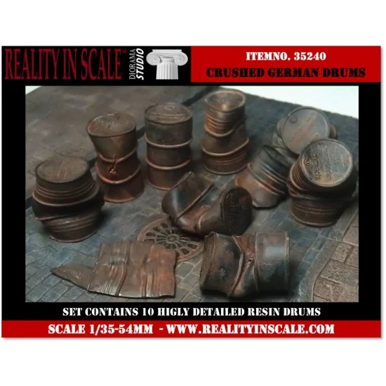 Reality In Scale 35240 1/35 WWII Crushed & Dented German Fuel Drums (10 resin pcs) - Scenics & Diorama