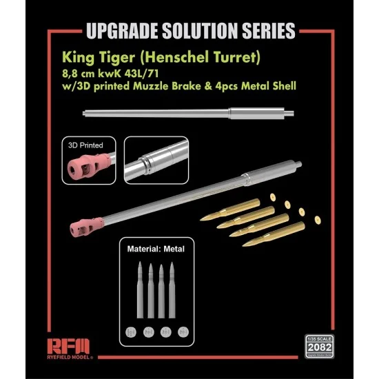 Rye Field Model 2082 1/35 King Tiger 8.8 cm kwK 43L/71 Metal Barrel with 3D Muzzle Brake and 4x Metal Shell - Military Vehicles & Tanks