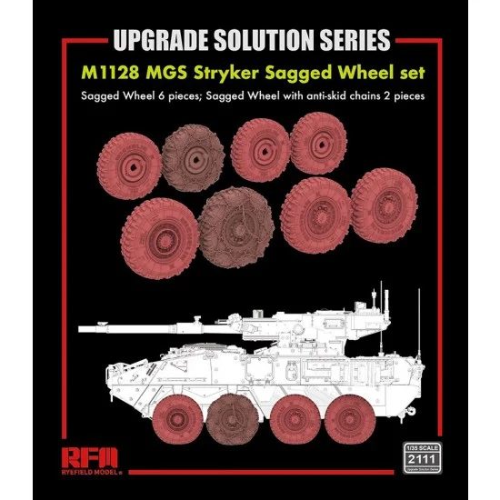 Rye Field Model 2111 1/35 M1128 MGS Stryker Sagged Wheel (6pcs) and Wheels with Anti-skid Chains (2pcs)