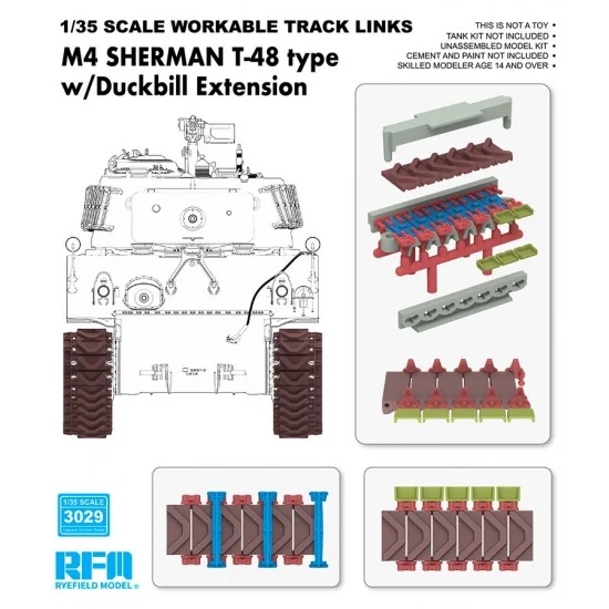 Rye Field Model 3029 1/35 M4 Sherman T-48 Type Workable Tracks with Duckbill Extension (Plastic)