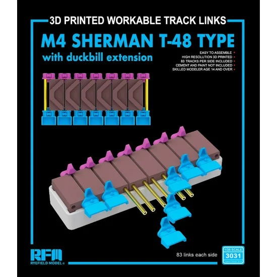 Rye Field Model 3031 1/35 M4 Sherman T-48 Type Workable Tracks with Duckbill Extension (3D Printed)