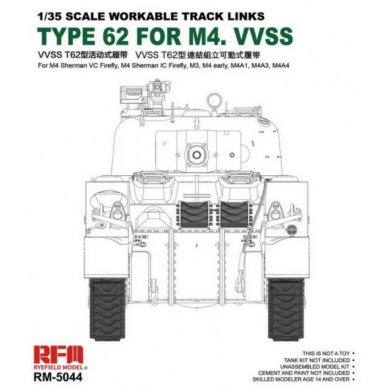 Rye Field Model 5044 1/35 Workable Track Links Type 62 for M4 Sherman VC/IC Firefly, M3, M4A1, M4A3, M4 Early - Military Vehicles & Tanks