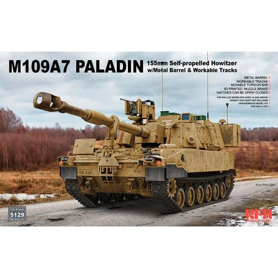 Rye Field Model 5129 1/35 M109A7 Paladin 155mm Self-Propelled Howitzer with Metal Barrel and Workable Tracks