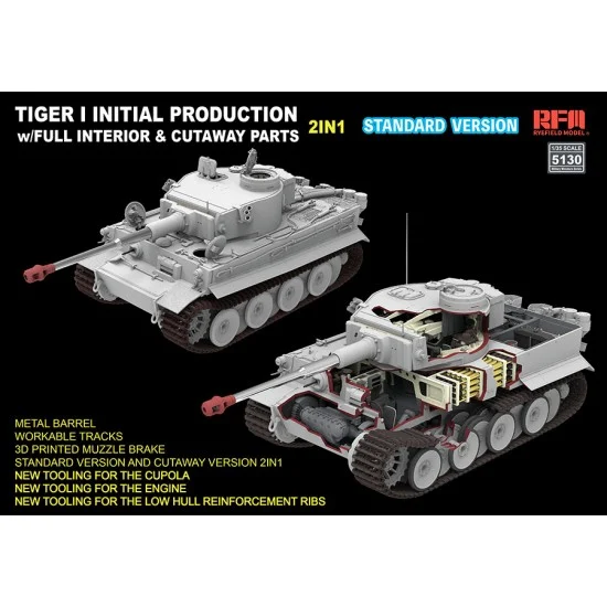 Rye Field Model 5130 1/35 Tiger I Initial with Full Interior and Cutaway Parts [Standard Version] - Military Vehicles & Tanks