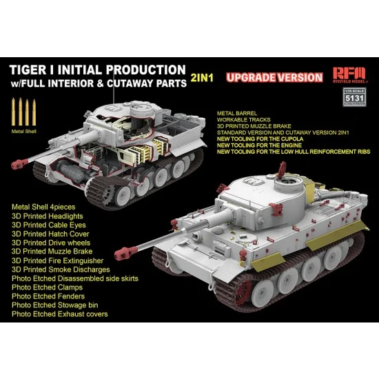 Rye Field Model 5131 1/35 Tiger I Initial with Full Interior and Cutaway Parts [Upgrade Version] - Military Vehicles & Tanks