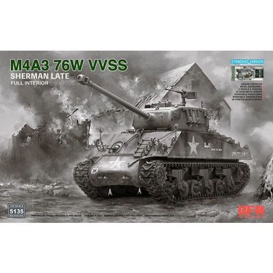 Rye Field Model 5135 1/35 M4A3 76W VVSS Sherman Late with Full Interior [Standard Version] - Military Vehicles & Tanks