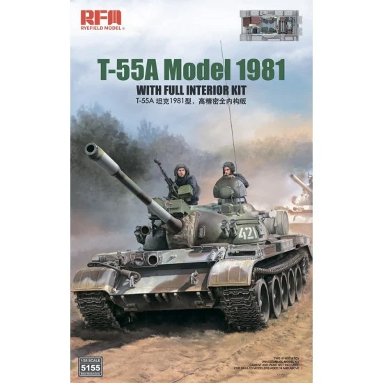Rye Field Model 5155 1/35 T-55A Tank Model 1981 Full Interior Kit with Workable Suspension and Tracks