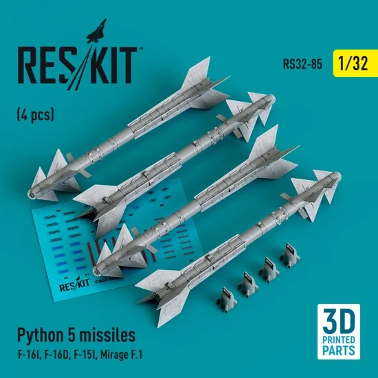 Reskit RS32-0085 1/32 Rafael Python 5 Missile (4pcs) for Academy/Revell/Tamiya F-16I/D, F-15I Mirage F.1