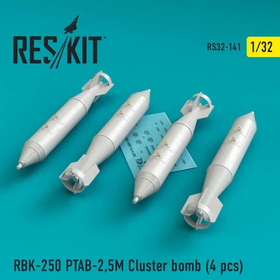 Reskit RS32-0141 1/32 RBK-250 PTAB-2,5M Cluster Bomb (4pcs) for Trumpeter Su-25, MiG-21, MiG-27 kits