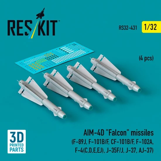 Reskit RS32-0431 1/32 AIM-4D Falcon Missiles (4pcs) for F-89J, F-101B/F, CF-101B/F, F-102A, F-4C,D,E,EJ