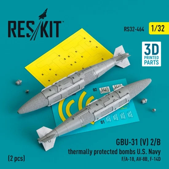 Reskit RS32-0464 1/32 USN F/A-18, AV-8B, F-14D GBU-31 (V) 2/B Thermally Protected Bombs (2pcs, 3D Printed)