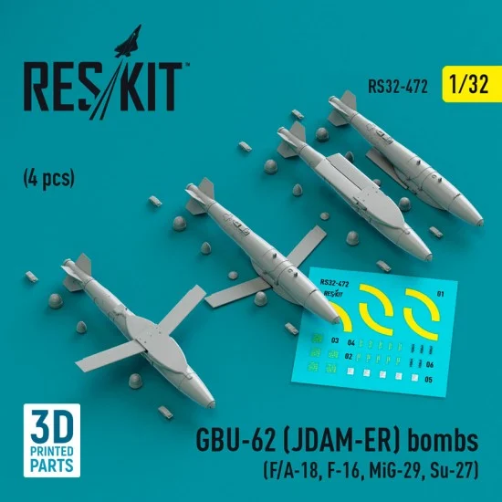 Reskit RS32-0472 1/32 GBU-62 (JDAM-ER) Bombs (4pcs) for F/A-18, F-16, MiG-29, Su-27